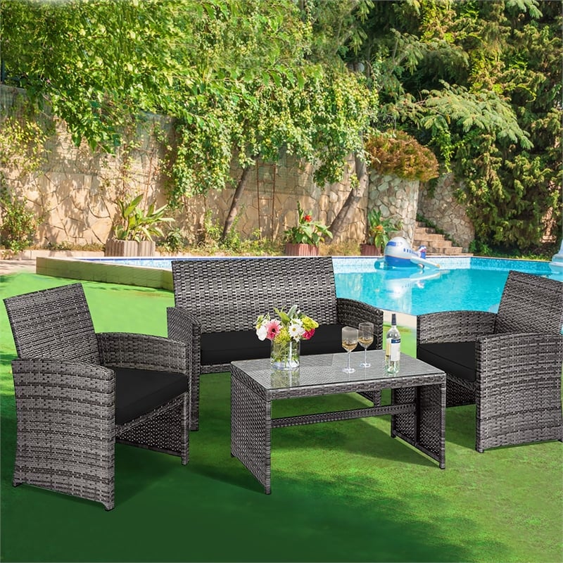 Pemberly Row 4PCS Patio Rattan Furniture Set Conversation Sofa Cushioned Black