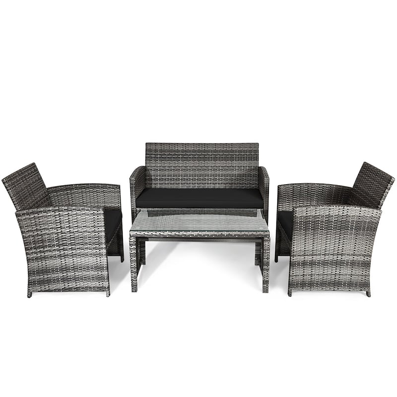Pemberly Row 4PCS Patio Rattan Furniture Set Conversation Sofa Cushioned Black