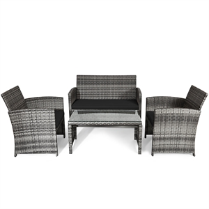 Pemberly Row 4PCS Patio Rattan Furniture Set Conversation Sofa Cushioned Black