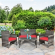 Pemberly Row 4PCS Patio Rattan Furniture Set Conversation Sofa Cushioned Red