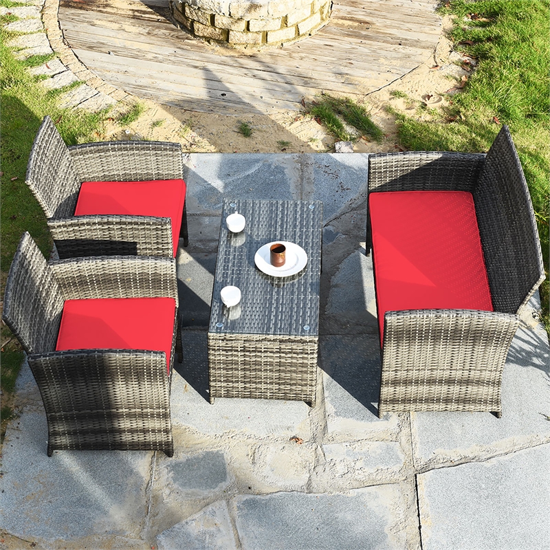 Pemberly Row 4PCS Patio Rattan Furniture Set Conversation Sofa Cushioned Red