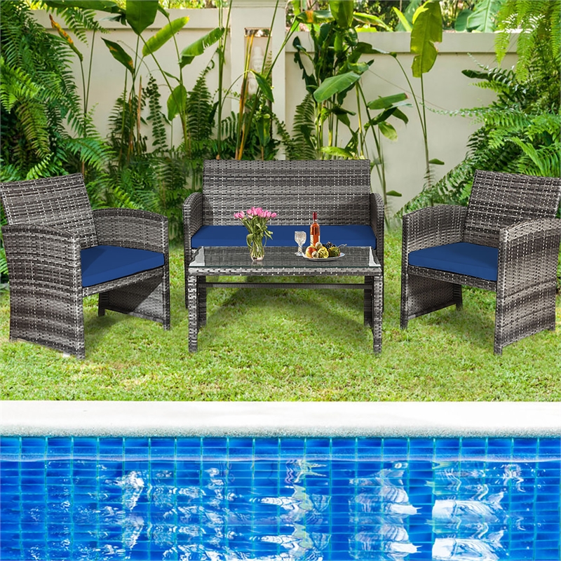 Pemberly Row 4PCS Patio Rattan Furniture Set Conversation Sofa Cushioned Navy