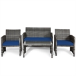 Pemberly Row 4PCS Patio Rattan Furniture Set Conversation Sofa Cushioned Navy