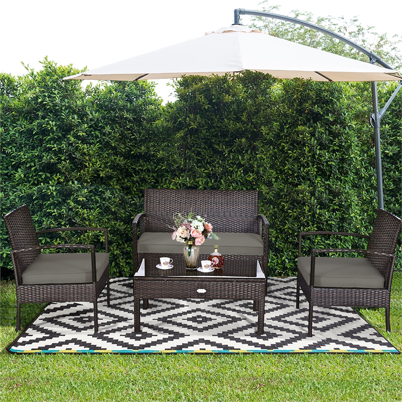 Pemberly Row 4PCS Patio Rattan Wicker Furniture Set Garden Yard Brown
