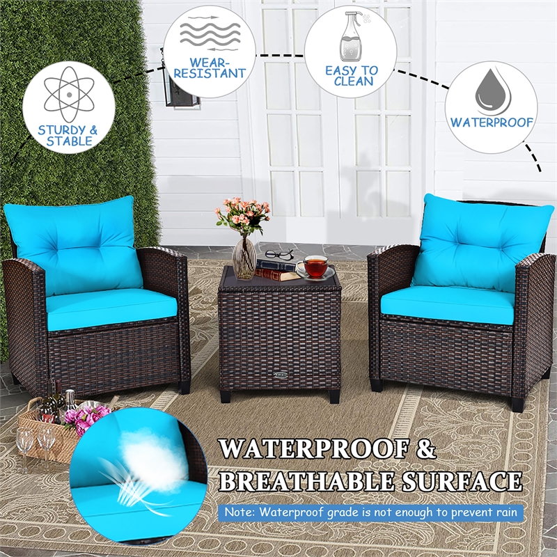 Pemberly Row 3PCS Patio Rattan Set Cushioned Conversation Set Sofa Turquoise