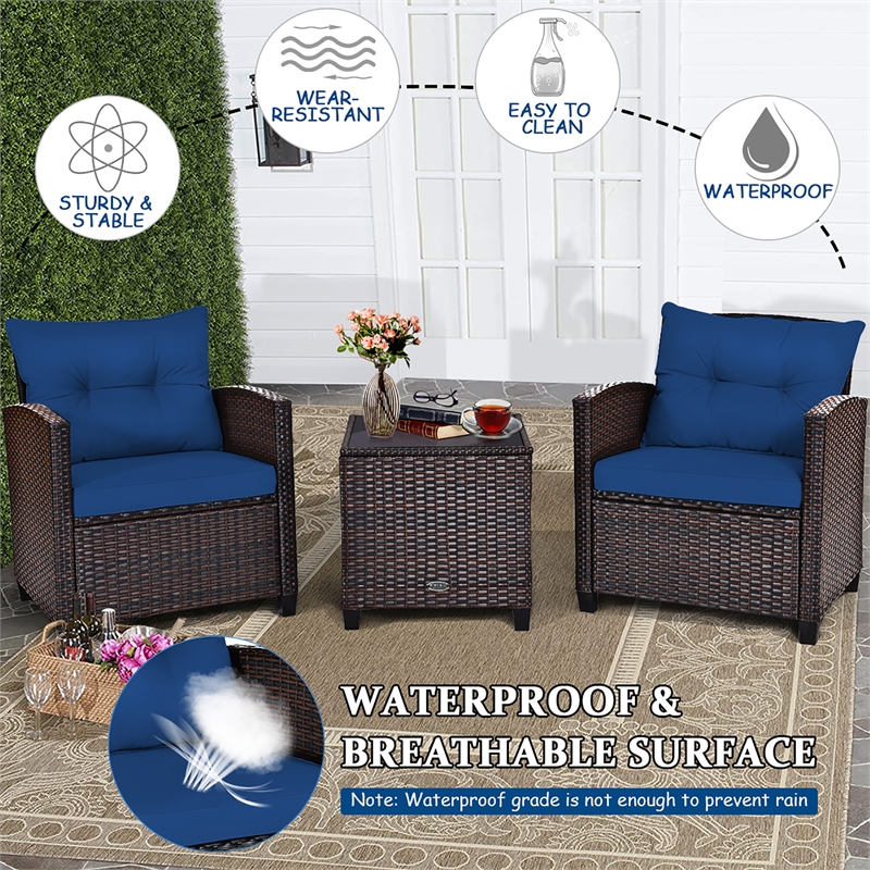 Pemberly Row 3PCS Patio Rattan Set Cushioned Conversation Set Sofa Navy