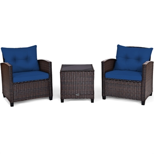 Pemberly Row 3PCS Patio Rattan Set Cushioned Conversation Set Sofa Navy