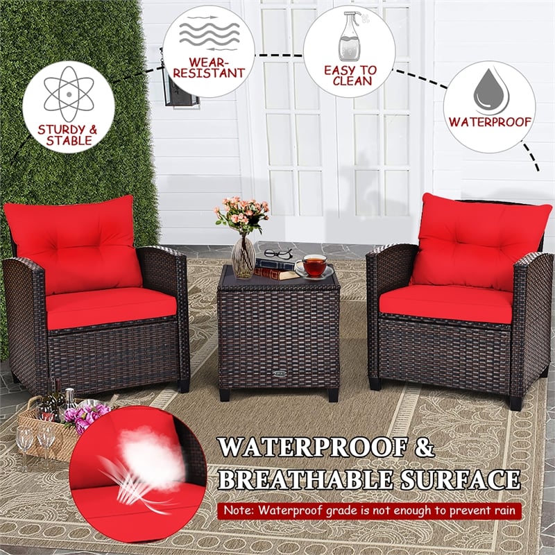 Pemberly Row 3PCS Patio Rattan Furniture Set Cushioned Conversation Set Sofa Red