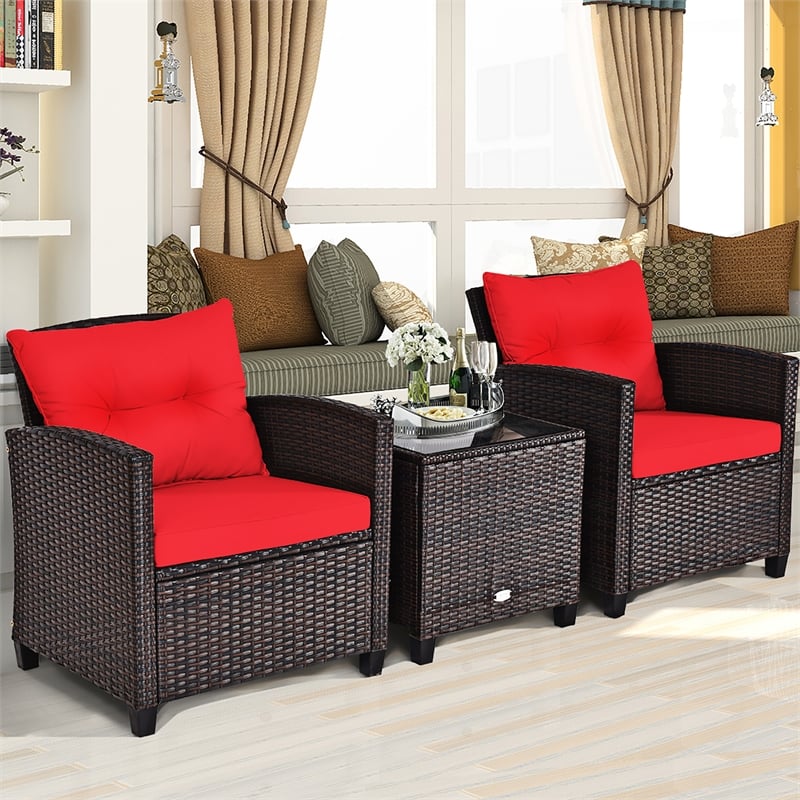 Pemberly Row 3PCS Patio Rattan Furniture Set Cushioned Conversation Set Sofa Red