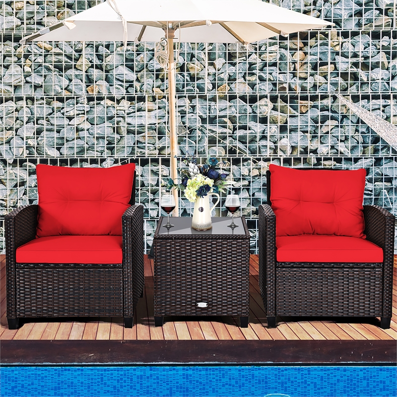 Pemberly Row 3PCS Patio Rattan Furniture Set Cushioned Conversation Set Sofa Red