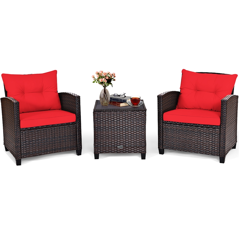 Pemberly Row 3PCS Patio Rattan Furniture Set Cushioned Conversation Set Sofa Red