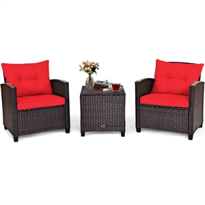 Pemberly Row 3PCS Patio Rattan Furniture Set Cushioned Conversation Set Sofa Red