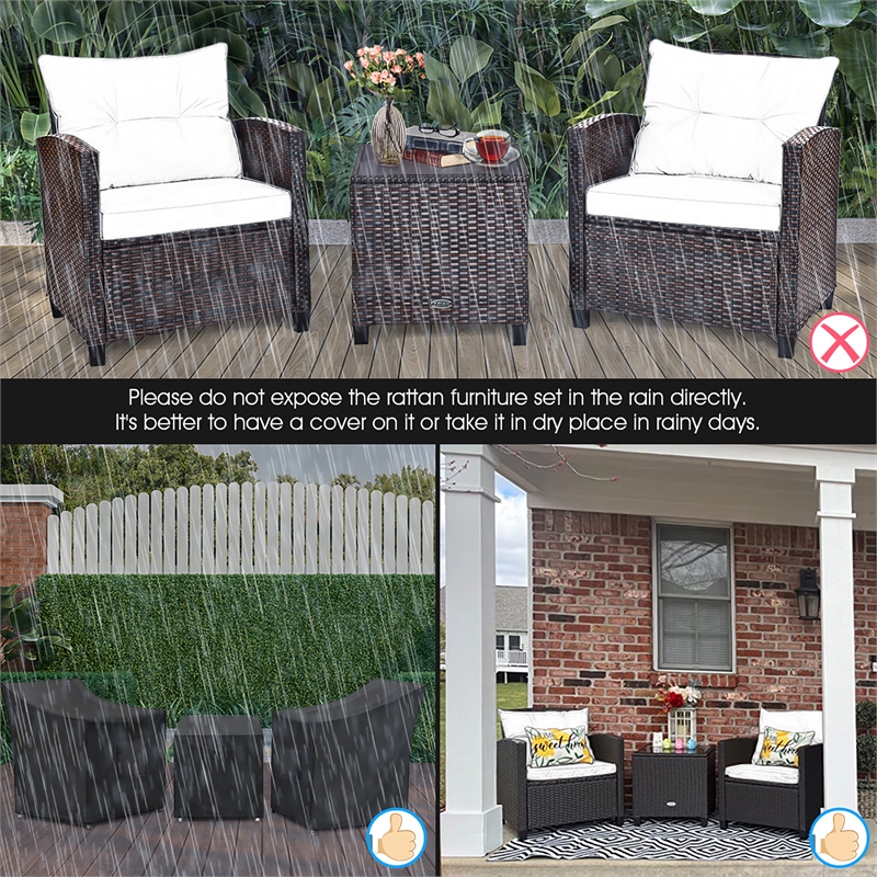 Pemberly Row 3PCS Patio Rattan Set Cushioned Conversation Set Sofa Black