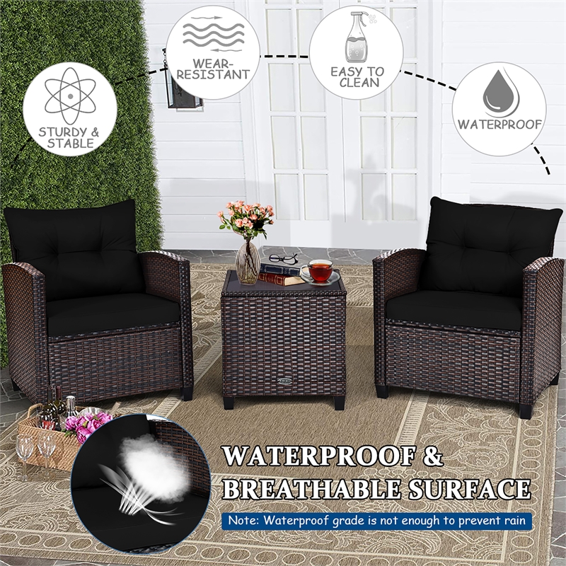 Pemberly Row 3PCS Patio Rattan Set Cushioned Conversation Set Sofa Black