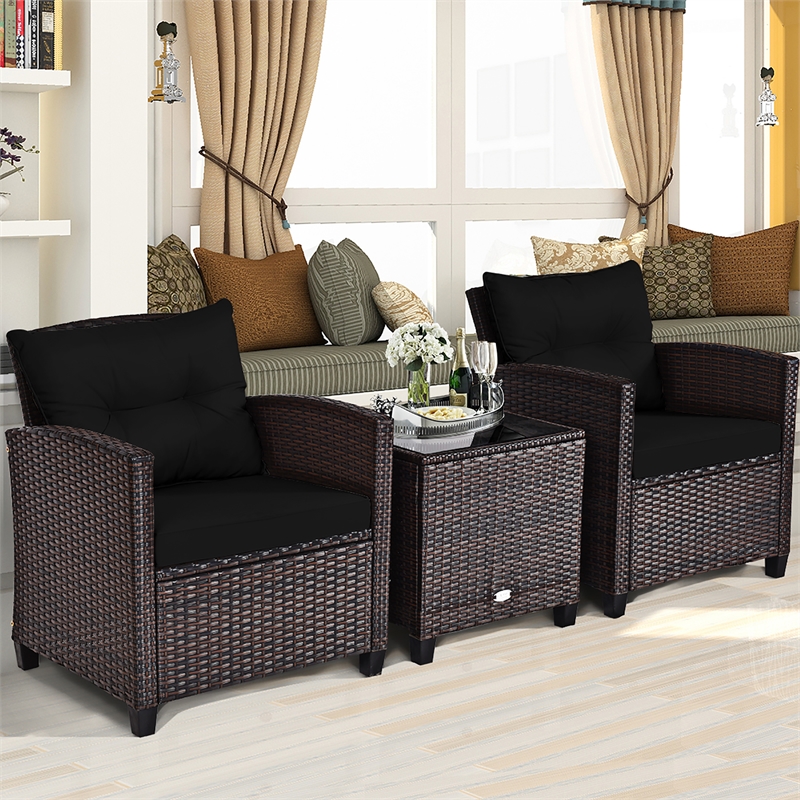 Pemberly Row 3PCS Patio Rattan Set Cushioned Conversation Set Sofa Black