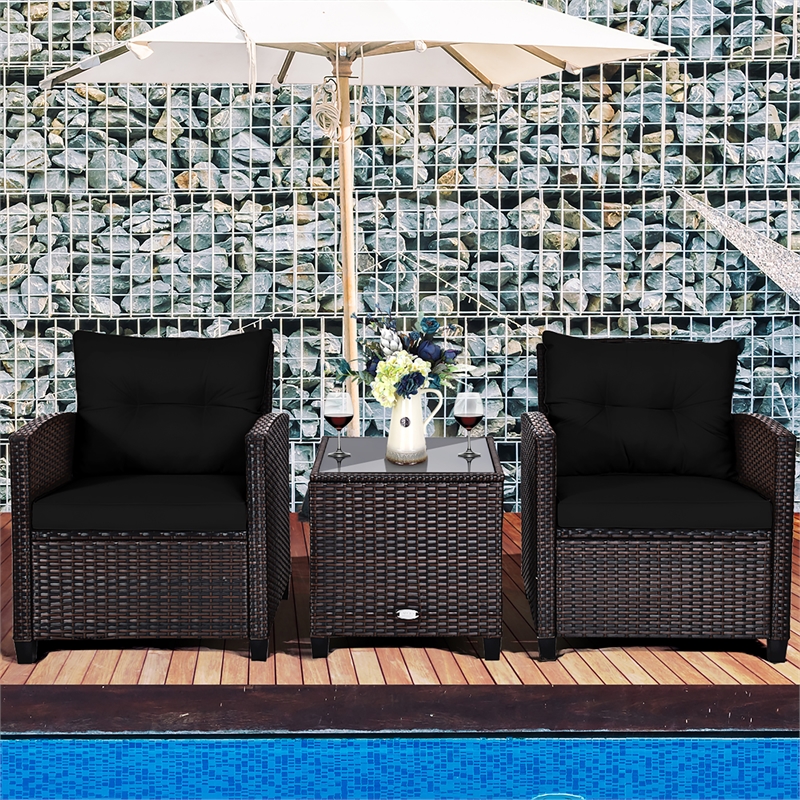 Pemberly Row 3PCS Patio Rattan Set Cushioned Conversation Set Sofa Black