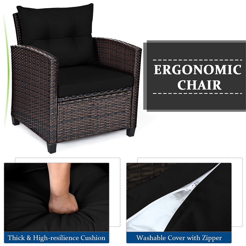 Pemberly Row 3PCS Patio Rattan Set Cushioned Conversation Set Sofa Black