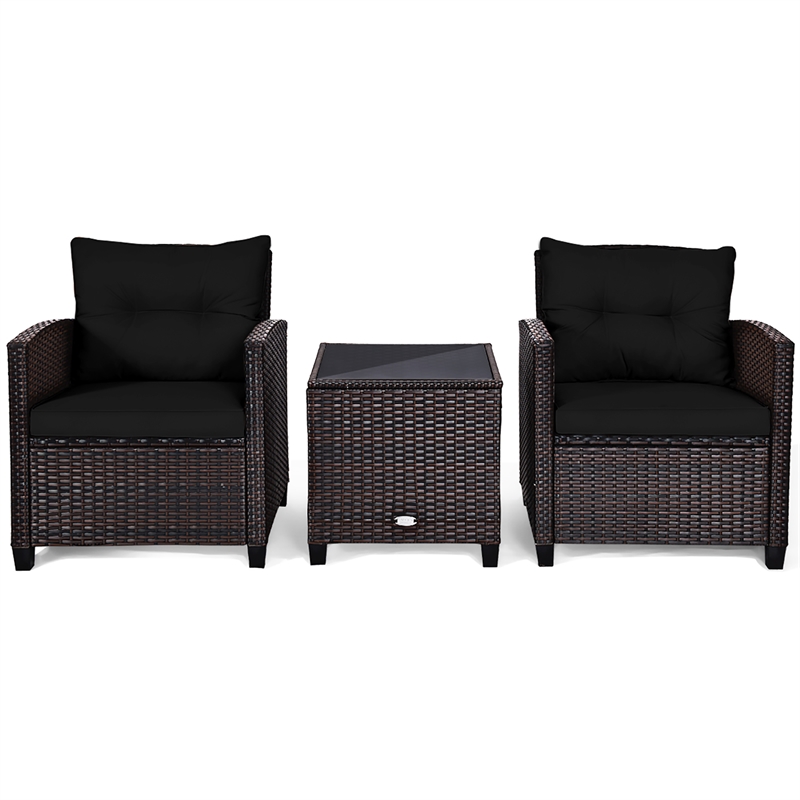 Pemberly Row 3PCS Patio Rattan Set Cushioned Conversation Set Sofa Black
