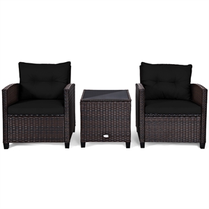 Pemberly Row 3PCS Patio Rattan Set Cushioned Conversation Set Sofa Black