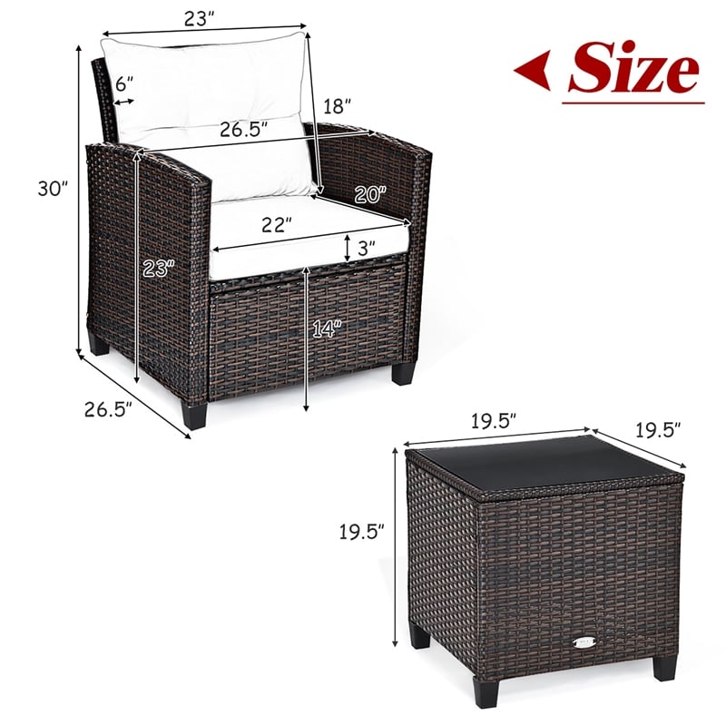 Pemberly Row 3PCS Patio Rattan Set Cushioned Conversation Set Sofa Brown