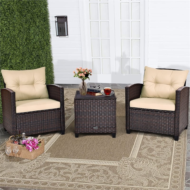 Pemberly Row 3PCS Patio Rattan Set Cushioned Conversation Set Sofa Brown