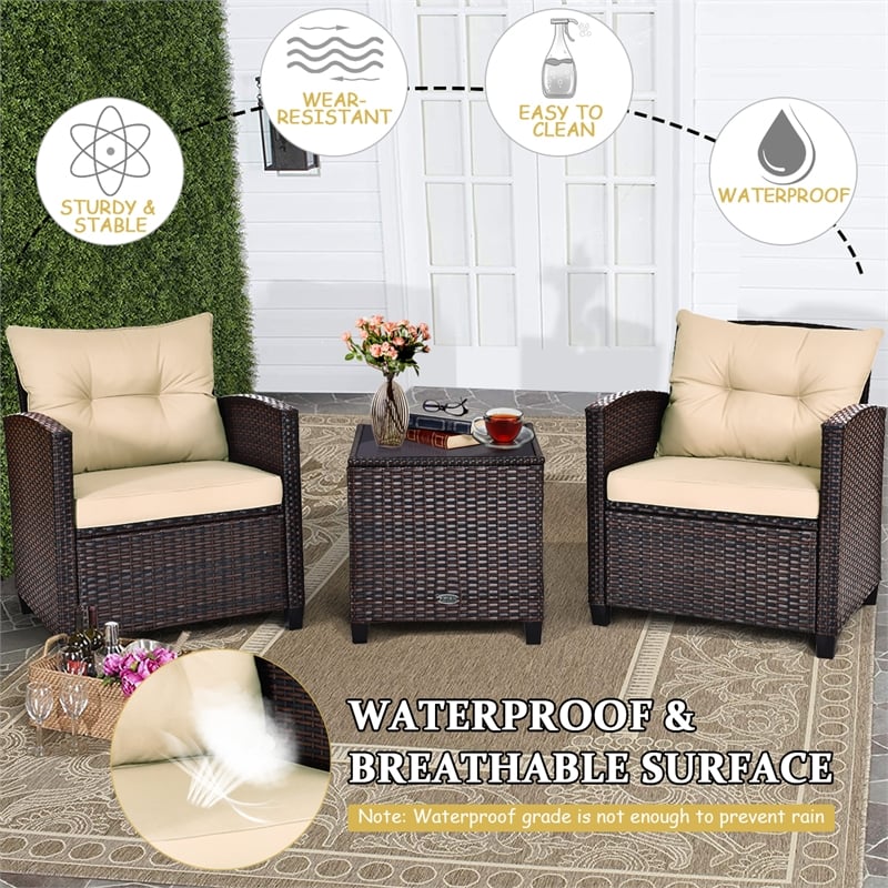 Pemberly Row 3PCS Patio Rattan Set Cushioned Conversation Set Sofa Brown