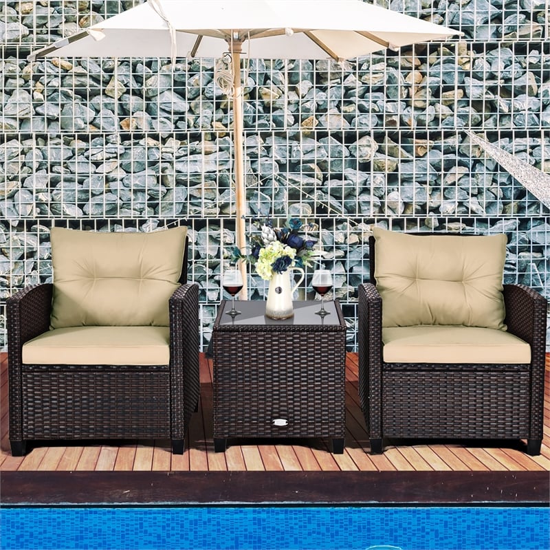 Pemberly Row 3PCS Patio Rattan Set Cushioned Conversation Set Sofa Brown