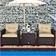 Pemberly Row 3PCS Patio Rattan Set Cushioned Conversation Set Sofa Brown