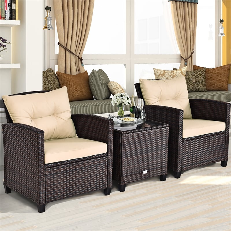 Pemberly Row 3PCS Patio Rattan Set Cushioned Conversation Set Sofa Brown