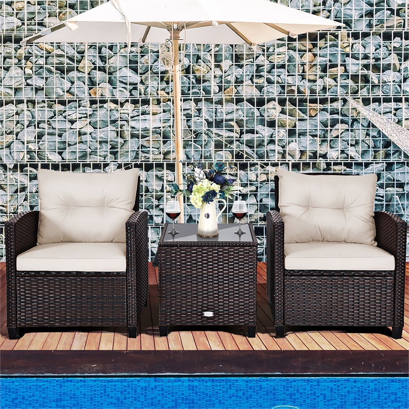 Pemberly Row 3PCS Patio Rattan Set Cushioned Conversation Set Sofa White