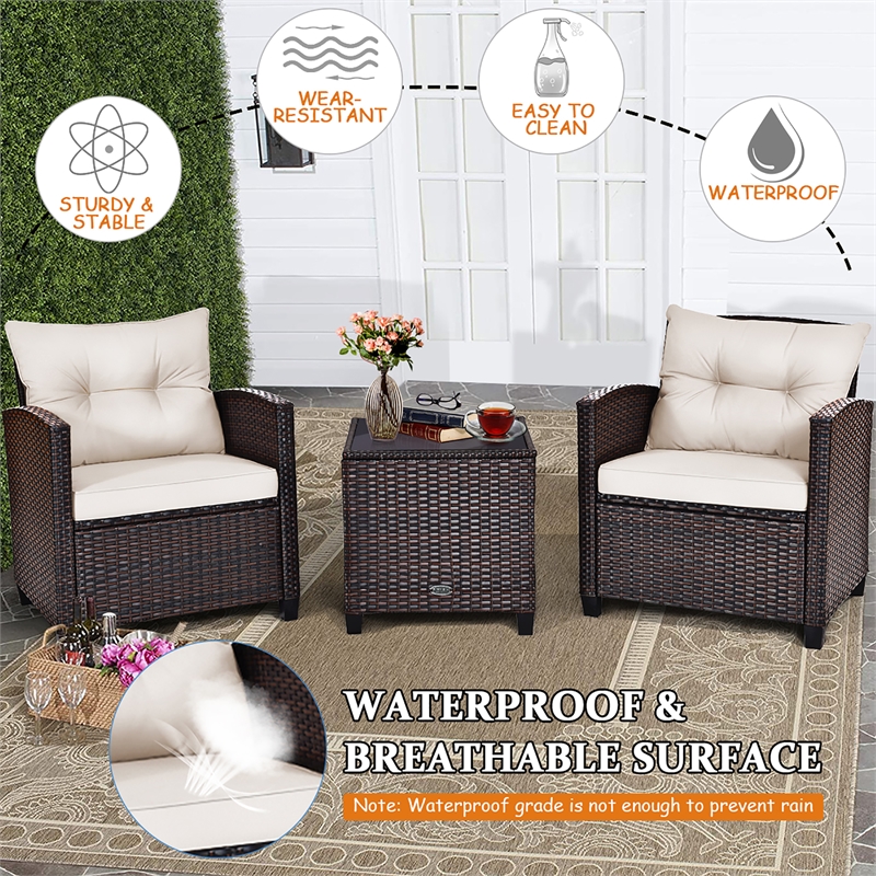 Pemberly Row 3PCS Patio Rattan Set Cushioned Conversation Set Sofa White