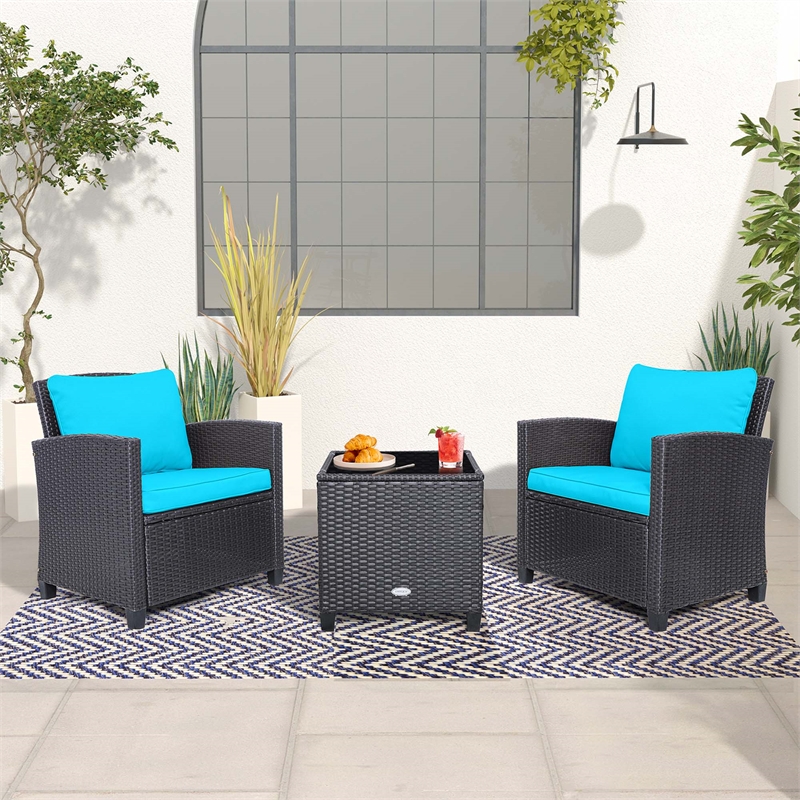 Pemberly Row 3PCS Patio Set Cushioned Conversation Set Sofa Beige Turquoise