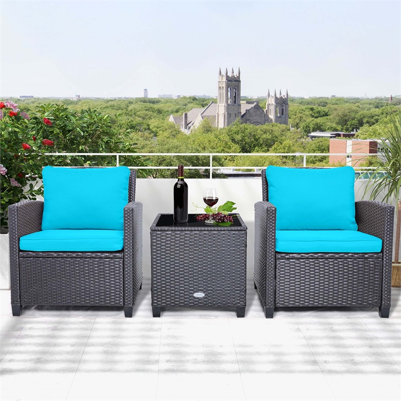 Pemberly Row 3PCS Patio Set Cushioned Conversation Set Sofa Beige Turquoise