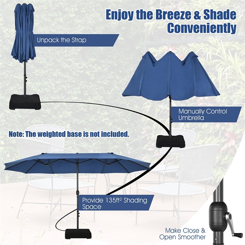 Pemberly Row 15FT Patio Double Sided Umbrella Crank Garden Navy