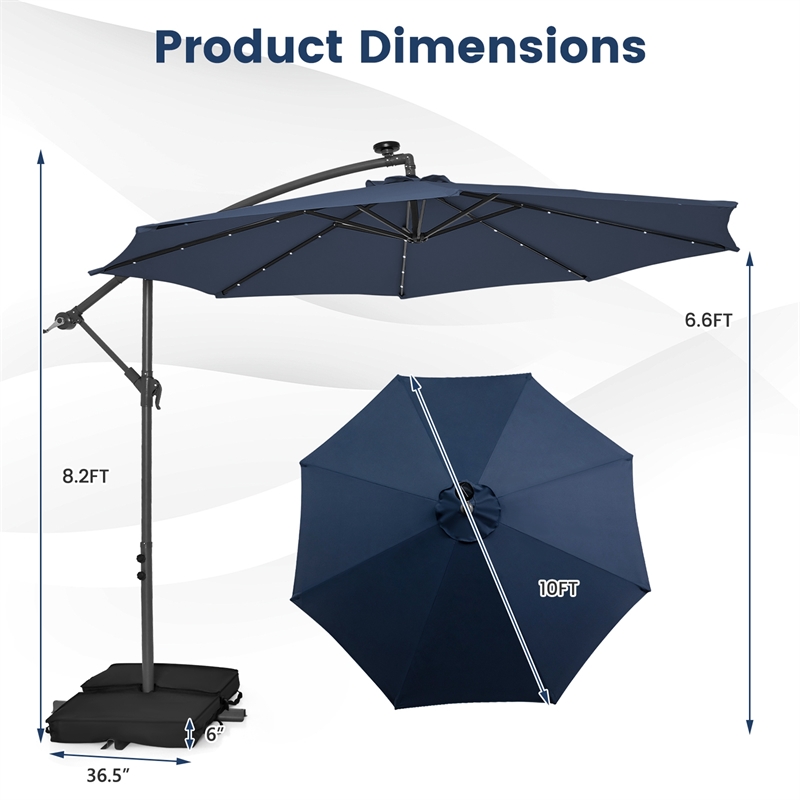 Pemberly Row 10FT Hanging Offset Umbrella 32 LED Lights Navy