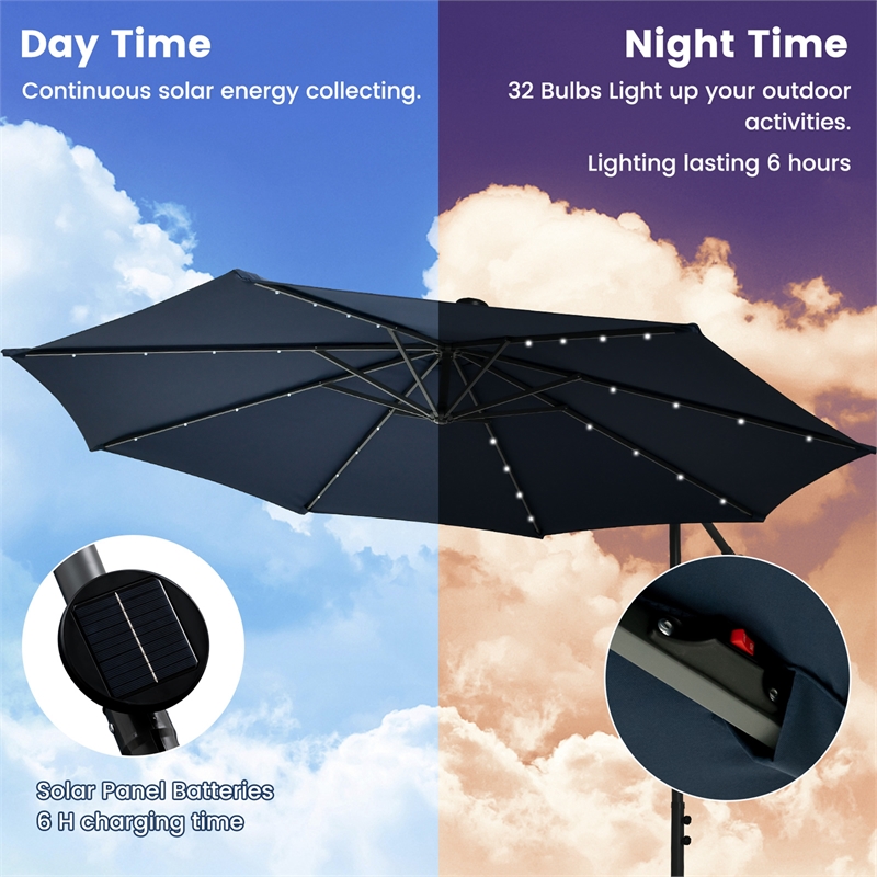 Pemberly Row 10FT Hanging Offset Umbrella 32 LED Lights Navy