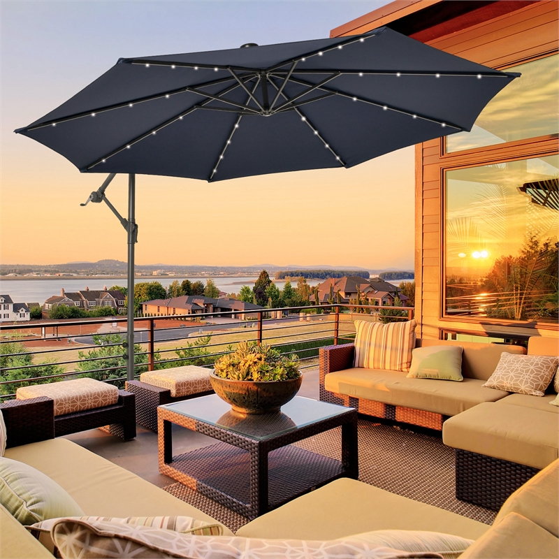 Pemberly Row 10FT Hanging Offset Umbrella 32 LED Lights Navy