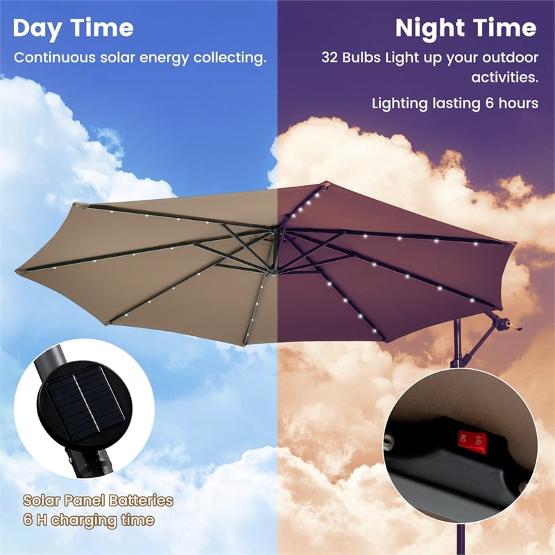Pemberly Row 10FT Hanging Offset Umbrella 32 LED Lights Brown