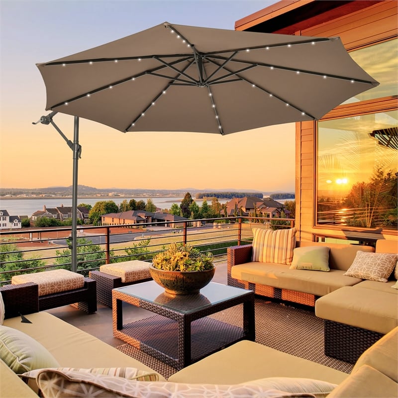Pemberly Row 10FT Hanging Offset Umbrella 32 LED Lights Brown