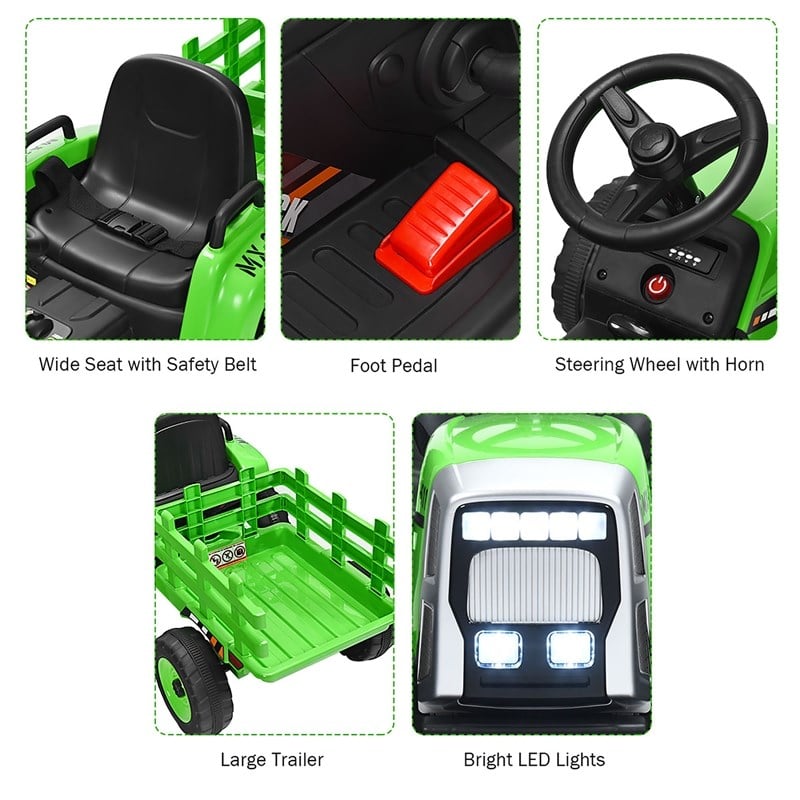 Pemberly Row 12V Kids Ride On Tractor with Trailer Ground Loader Green