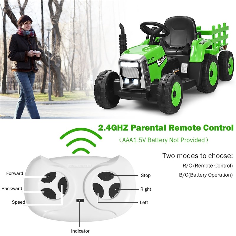 Pemberly Row 12V Kids Ride On Tractor with Trailer Ground Loader Green