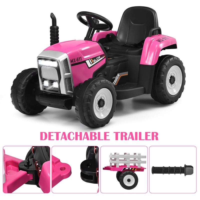 Pemberly Row 12V Kids Ride On Tractor with Trailer Ground Loader Pink