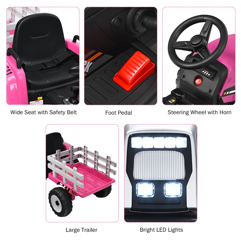 Pemberly Row 12V Kids Ride On Tractor with Trailer Ground Loader Pink