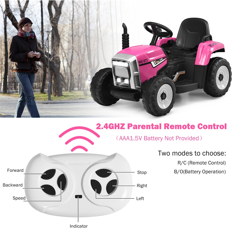 Pemberly Row 12V Kids Ride On Tractor with Trailer Ground Loader Pink