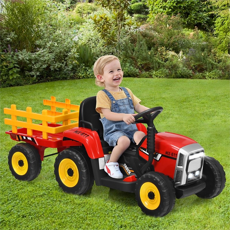 Pemberly Row 12V Kids Ride On Tractor with Trailer Ground Loader Red