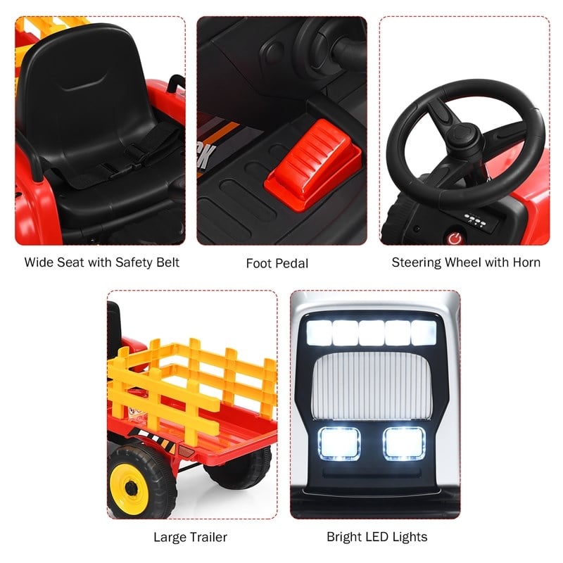 Pemberly Row 12V Kids Ride On Tractor with Trailer Ground Loader Red
