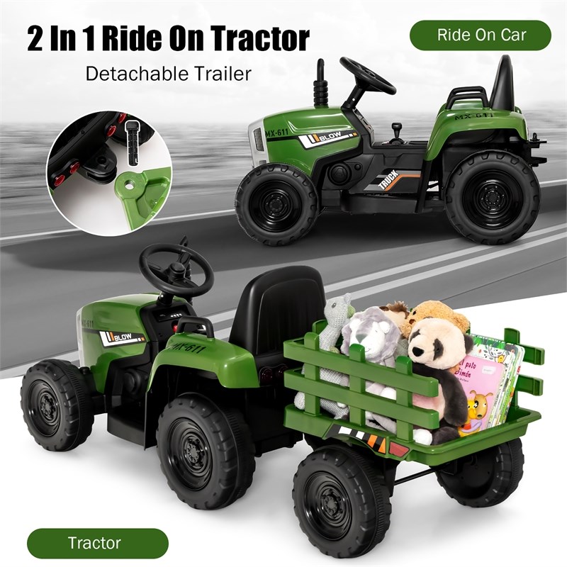 Pemberly Row 12V Kids Ride On Tractor with Trailer Ground Loader Dark Green