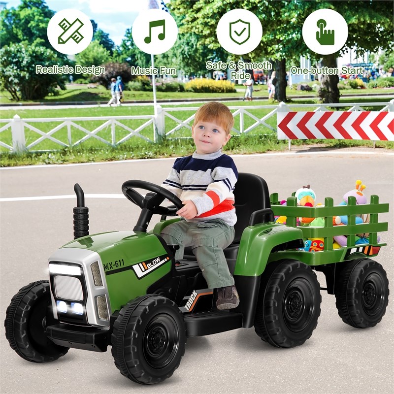 Pemberly Row 12V Kids Ride On Tractor with Trailer Ground Loader Dark Green
