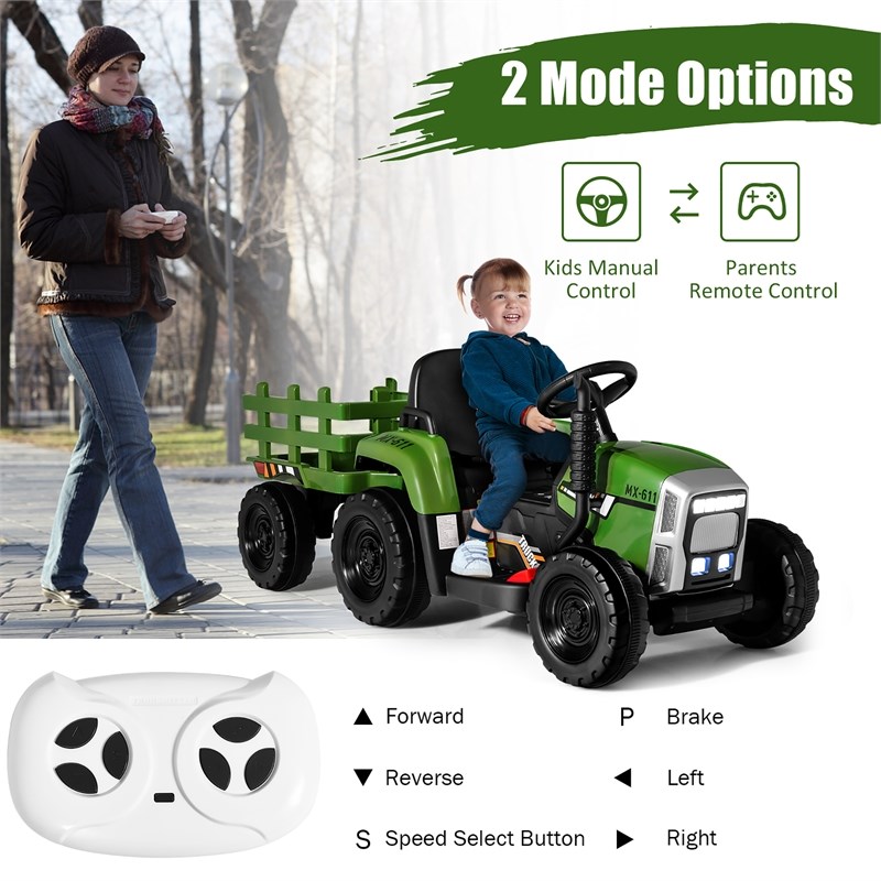Pemberly Row 12V Kids Ride On Tractor with Trailer Ground Loader Dark Green