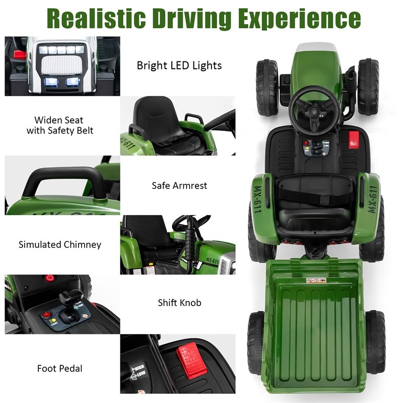 Pemberly Row 12V Kids Ride On Tractor with Trailer Ground Loader Dark Green